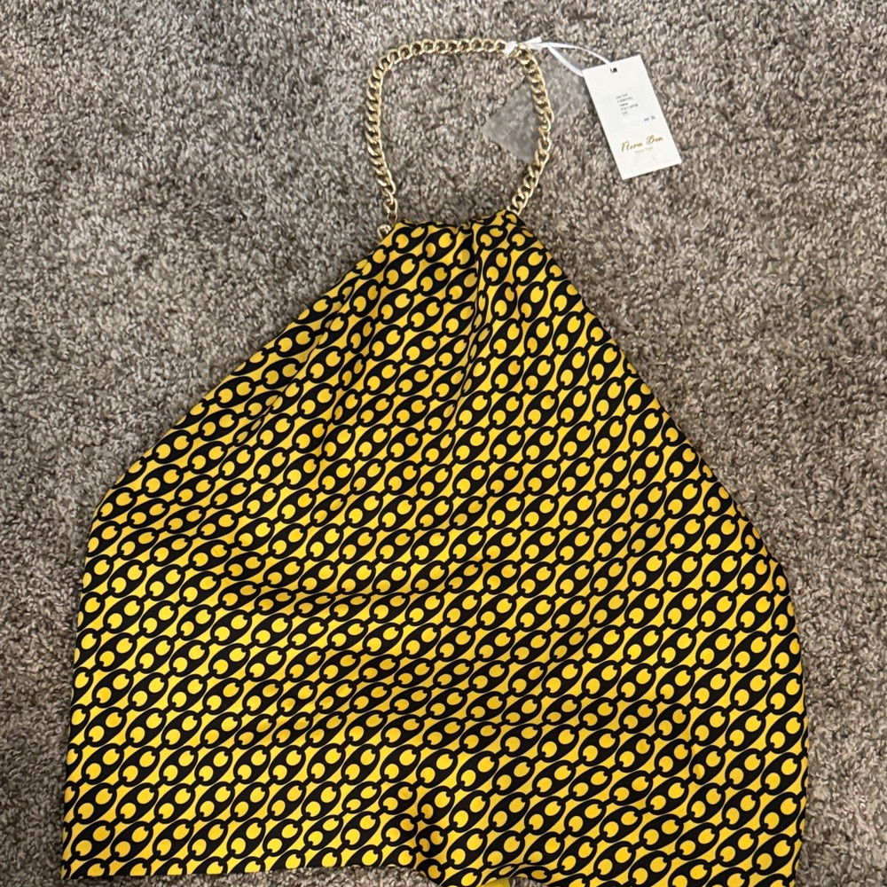 Flora Bea Chic Yellow and Black Halter Top with Gold Adjustable Chain